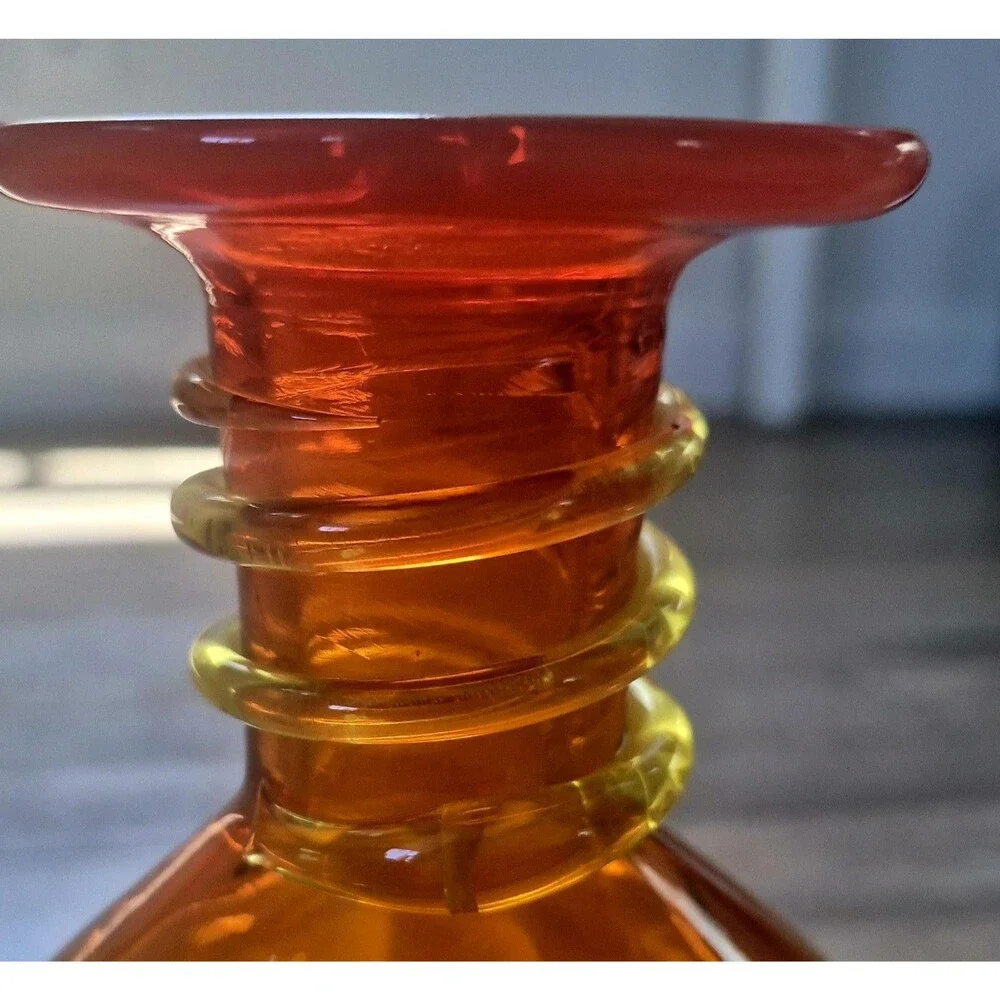 Vintage MCM Rainbow Art Glass Tangerine Amberina Optic Ribbed Vase Applied Coil